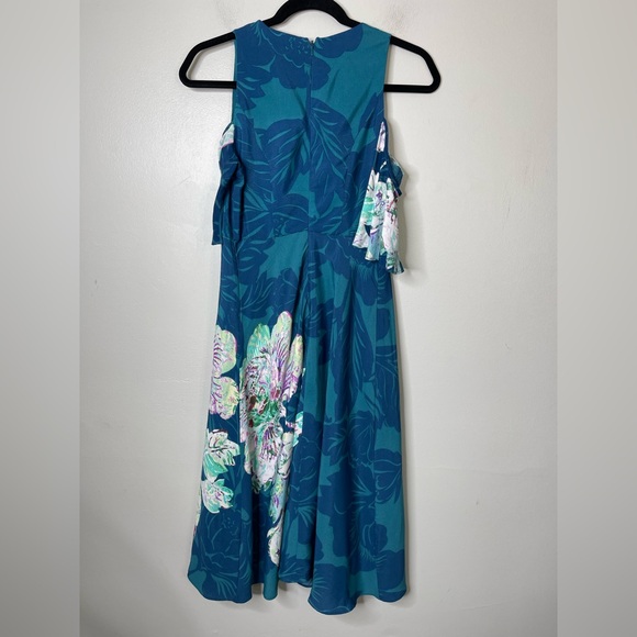 Anthropologie Maeve Elia Open Shoulder Midi Fit Flare Floral Teal dress Sz 0 - Picture 11 of 15